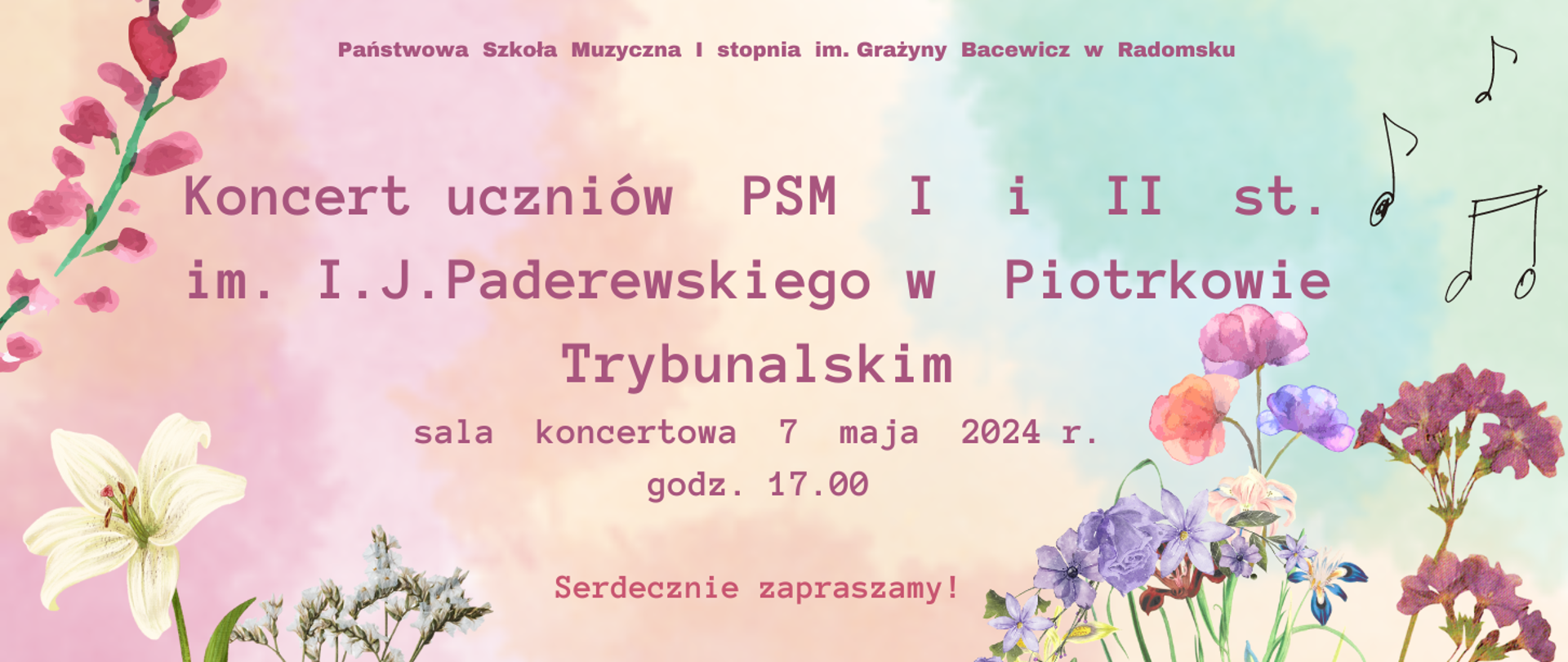 Na różowo-błękitnym tle znajdują się napisy informacyjne w koloracj jagodowym, różowym oraz grafiki kolorowych polnych kwiatów ( w kolorach białym, zielonym, różowym, niebieskim, szarym, filoetowym).