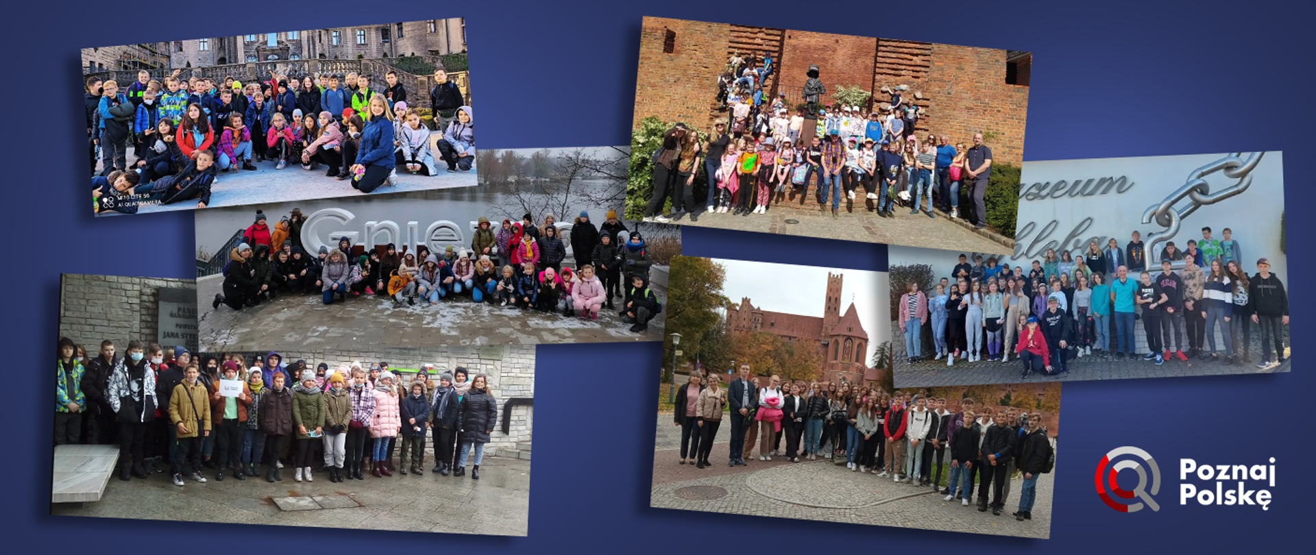 Kilka zdjęć grupowych przedstawiających uczniów na wycieczkach szkolnych 