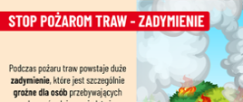 Grafika kampanii „Stop Pożarom Traw – Zadymienie” przedstawiająca pożar traw, unoszący się dym oraz samochody poruszające się w warunkach ograniczonej widoczności.