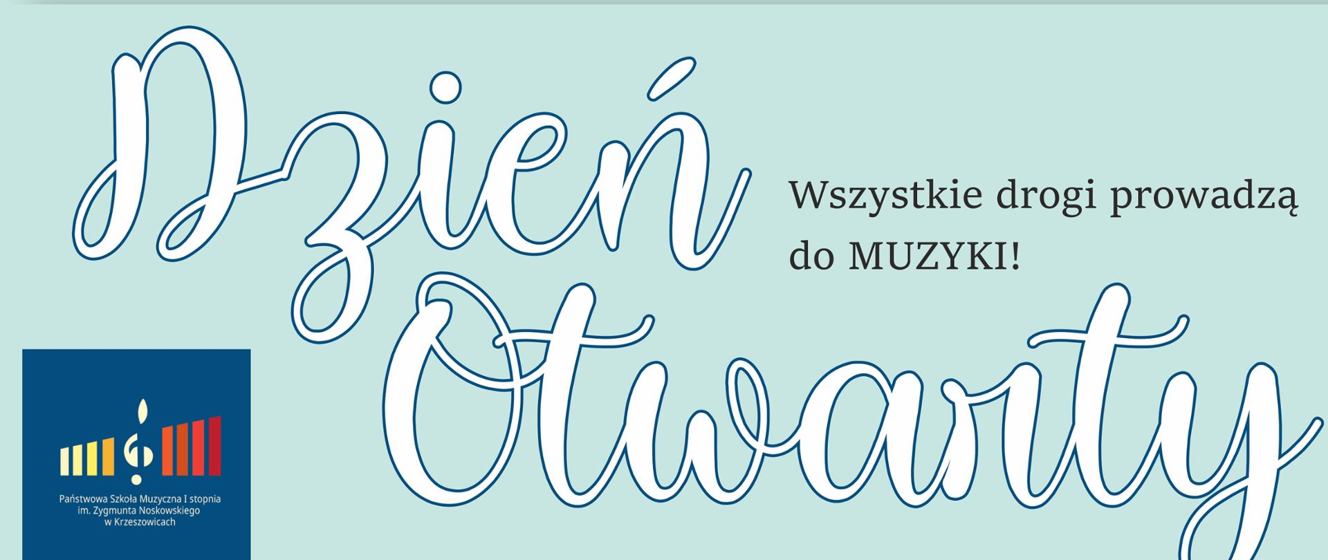Plakat utrzymany w jasnej, przyjaznej i pastelowej kolorystyce. Tło górnej części ma kolor jasnomiętowy (pastelowa zieleń z lekkim odcieniem błękitu), z delikatnymi, białymi, okrągłymi kropkami rozmieszczonymi nieregularnie.
Na samej górze, centralnie, znajduje się cienki, półprzezroczysty, jasny pasek, na którym widnieje tekst w kolorze ciemnoszarym:
„Państwowa Szkoła Muzyczna I st. w Krzeszowicach przy ul. Ogrodowej 7 zaprasza na”
Poniżej, bardzo dużym, dekoracyjnym, odręcznym krojem pisma w kolorze niebieskim z białym wypełnieniem i cieniem, znajduje się napis:
„Dzień Otwarty”
Po prawej stronie tego napisu, mniejszym drukowanym fontem w kolorze ciemnoszarym:
„Wszystkie drogi prowadzą do MUZYKI!”
Po lewej stronie, pod nagłówkiem, umieszczone jest logo szkoły – granatowy kwadrat z kolorowymi pionowymi paskami (żółty, czerwony, niebieski) oraz białą nutą i podpisem:
„Państwowa Szkoła Muzyczna I stopnia im. Zygmunta Noskowskiego w Krzeszowicach”
Niżej, lekko przesunięty na prawo, znajduje się granatowy prostokąt z zaokrąglonymi rogami, zawierający tekst w kolorze białym:
„Kiedy? 9 maja 2026 roku (sobota)
Gdzie? PSM I st. w Krzeszowicach
od 10:00 do 12:30”
Środkowa część plakatu przedstawia ilustrację dzieci w stylu bajkowym (rysunkowym), stojących na półokrągłej, ciemnoniebieskiej scenie:
Od lewej:
– dziewczynka siedząca przy czarnym fortepianie, grająca na klawiaturze (ciemne włosy w kucyku, pomarańczowa opaska, pomarańczowa bluzka i ciemna spódnica),
– chłopiec z rudymi, kręconymi włosami i okularami, grający na gitarze klasycznej (zielone spodenki, żółta koszulka),
– chłopiec stojący przy mikrofonie (czerwona koszulka, ciemne spodnie),
– dziewczynka śpiewająca do mikrofonu (fioletowa sukienka, brązowe włosy),
– dziewczynka grająca na keyboardzie (różowa bluzka, zielona spódnica),
– chłopiec grający na gitarze elektrycznej (czapka z daszkiem, żółta koszulka, niebieskie spodenki),
– na środku, na pierwszym planie, mała dziewczynka śpiewająca do mikrofonu (różowa sukienka, jasne włosy związane w dwa kucyki).
Pod sceną znajduje się duży, różowy (malinowy) obszar z tekstem w kolorze białym, wyrównanym do lewej:
„Podczas dnia otwartego:
dowiesz się, na jakich instrumentach można nauczyć się u nas grać
poznasz naszych sympatycznych nauczycieli
odwiedzisz „Gabinet muzycznych osobliwości”
i zobaczysz ciekawe instrumenty z różnych zakątków świata
poznasz nieznane zakątki naszej szkoły podczas gry terenowej
posłuchasz, jak grają nasi uczniowie i nauczyciele podczas koncertu
pomalujesz, pokolorujesz i wyżyjesz się artystycznie w kąciku plastyczno-muzycznym”
Po prawej stronie, częściowo nachodząc na dolną sekcję, znajduje się duże koło w kolorze jasnomiętowym z cieniem, zawierające napis w stylu odręcznym, niebieskim:
„Czekamy na Ciebie!”
Całość plakatu utrzymana jest w pogodnym, przyjaznym stylu skierowanym do dzieci i rodzin. Dominują pastelowe kolory (mięta, błękit, róż), uzupełnione ciemniejszym granatem i żywymi barwami postaci oraz instrumentów. Styl ilustracji jest bajkowy, miękki, z zaokrąglonymi kształtami i wyraźnymi konturami.