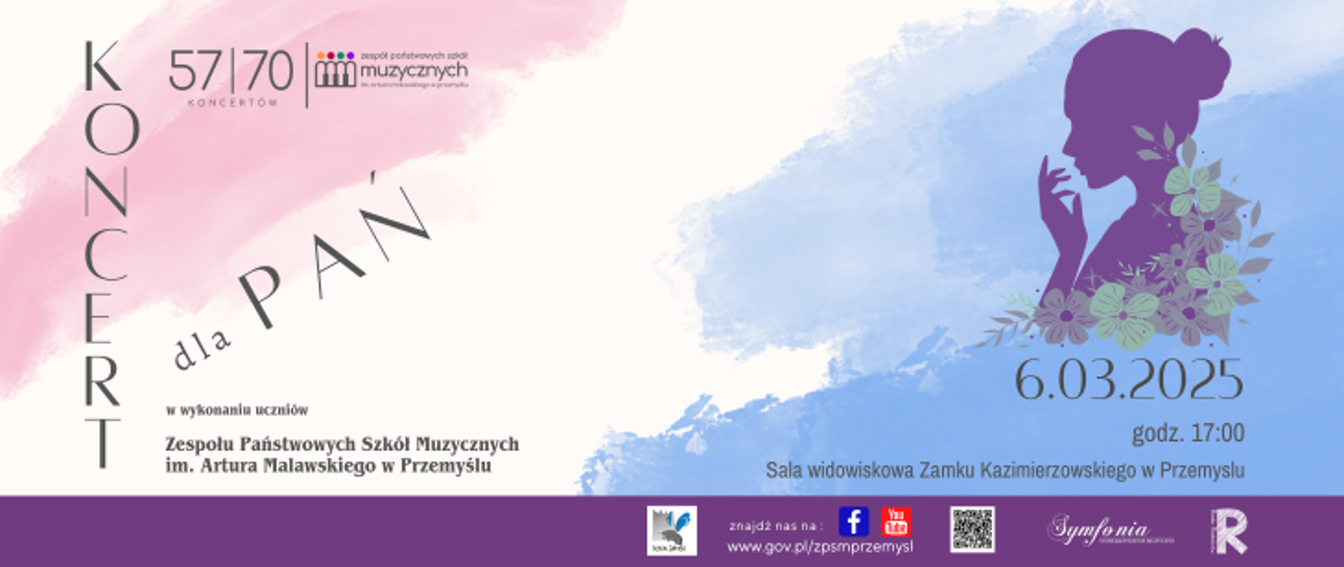 Plakat promuje koncert pt. „Koncert dla Pań” organizowany przez Zespół Państwowych Szkół Muzycznych im. Artura Malawskiego w Przemyślu. Wydarzenie odbędzie się 6 marca 2025 roku o godzinie 17:00 w sali widowiskowej Zamku Kazimierzowskiego w Przemyślu. Plakat jest utrzymany w pastelowej kolorystyce – dominują odcienie różu i błękitu, które delikatnie się przenikają, tworząc akwarelowe tło. Po lewej stronie znajduje się duży pionowy napis „KONCERT” z dopiskiem „dla PAŃ” .
Z prawej strony widoczna jest sylwetka kobiety w odcieniu fioletowym, otoczona kwiatowymi zdobieniami, co nawiązuje do tematyki wydarzenia skierowanego do pań. Poniżej znajduje się data oraz godzina koncertu. W dolnej części plakatu umieszczono pasek z logotypami organizatorów i patronów medialnych, w tym m.in. logo Zespołu Państwowych Szkół Muzycznych, Stowarzyszenia Symfonia oraz Rady Rodziców. Widoczne są także ikony mediów społecznościowych (Facebook, YouTube).
Całość kompozycji jest subtelna i elegancka, dopasowana do charakteru wydarzenia, co podkreślają delikatne, artystyczne akcenty graficzne i łagodna kolorystyka.
