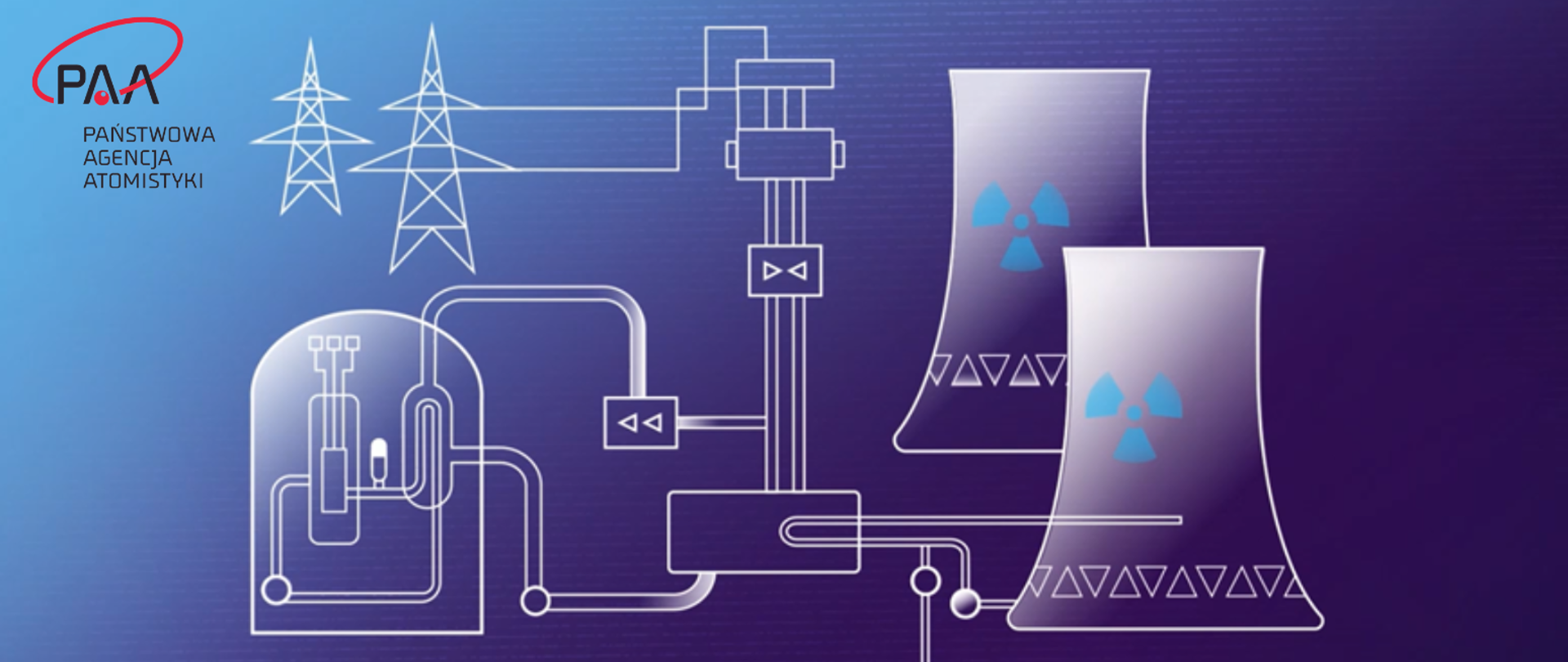 Uproszczony schemat elektrowni jądrowej. Na grafice znajdują się reaktor jądrowy, chłodnie kominowe oraz transformatory. W górnym lewym rogu widnieje logo PAA.