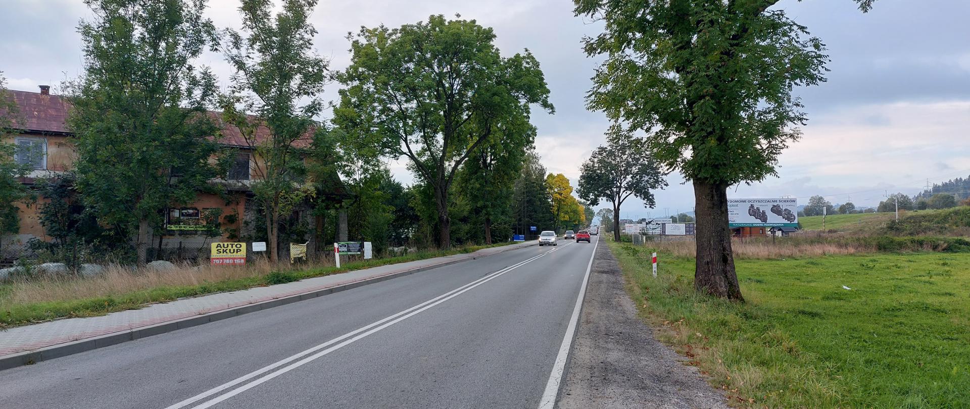 Zajęcie drogi krajowej nr 47 na odcinku Nowy Targ - Szaflary. Jedna jezdnia po jednym pasie ruchu. Po obu stronach jezdni widoczne banery reklamowe. Z lewej strony budynek za drzewami