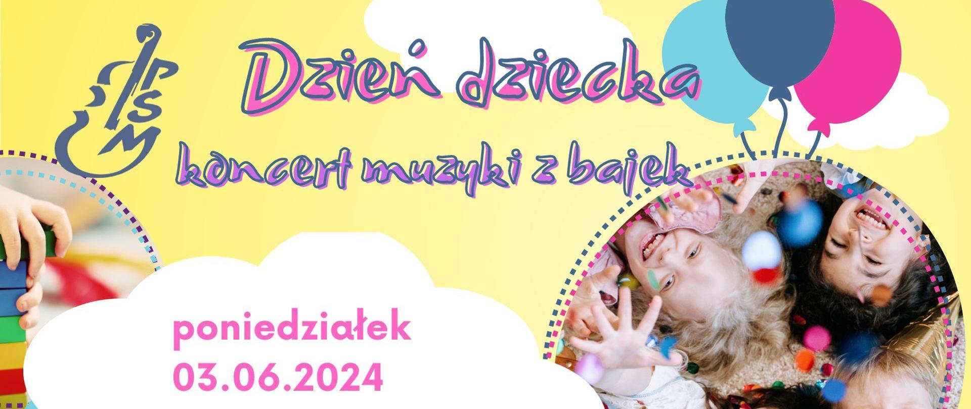 Plakat z dziećmi i napisem Dzień dziecka koncert muzyki z bajek
