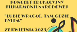 Na żółtym tle napis Koncert Filharmonii Narodowej, 27 kwietnia 2023