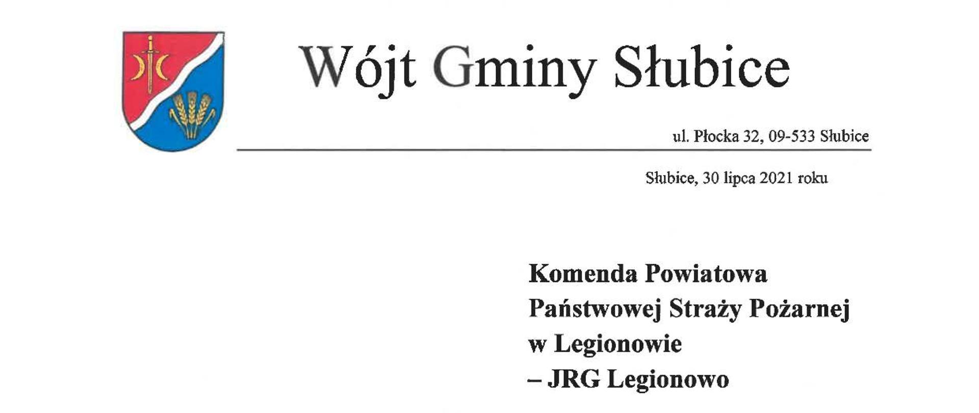 Podziękowania dala JRG Legionowo od władz gminy Słubice w Powiecie Płockim 