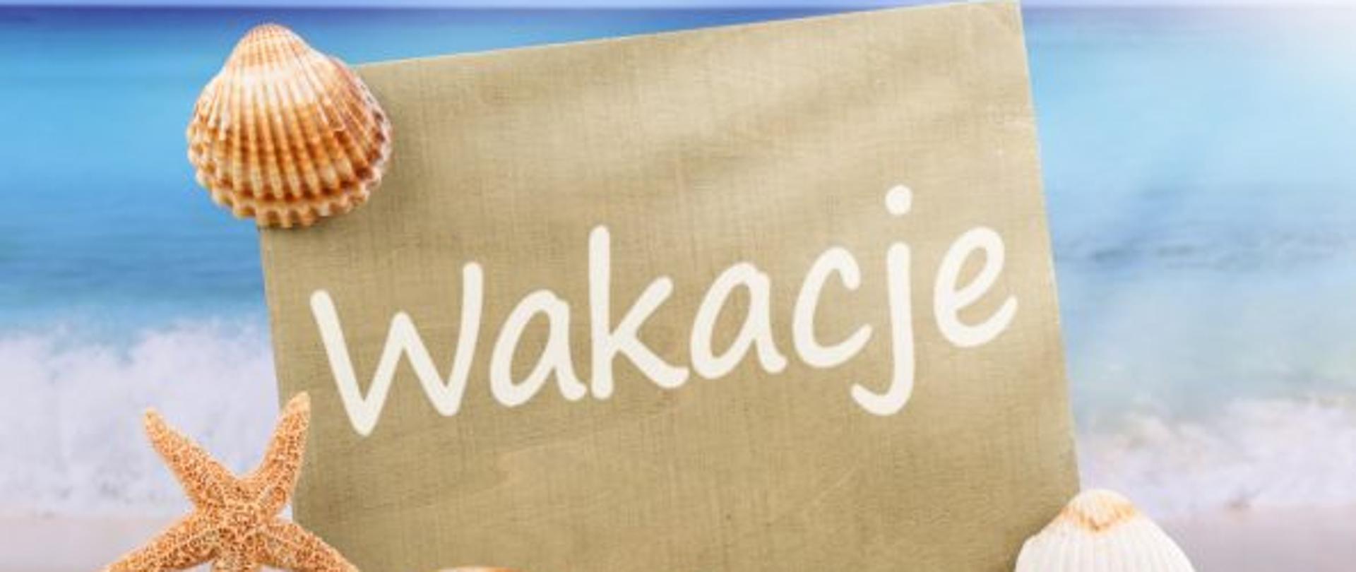 Plakat z życzeniami wakacyjnymi - tekst z życzeniami dla dzieci i rodziców dotyczy wesołych, bezpiecznych i niezapomnianych Wakacji w kolorze brązowym, w tle obrazek łąka z kwiatami