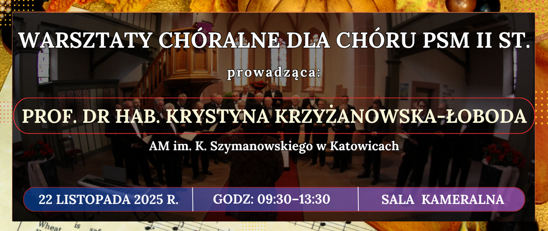 baner z jasną ramką ciemny środek z półprzezroczystym śpiewającym chórem oraz informacja o wydarzeniu
