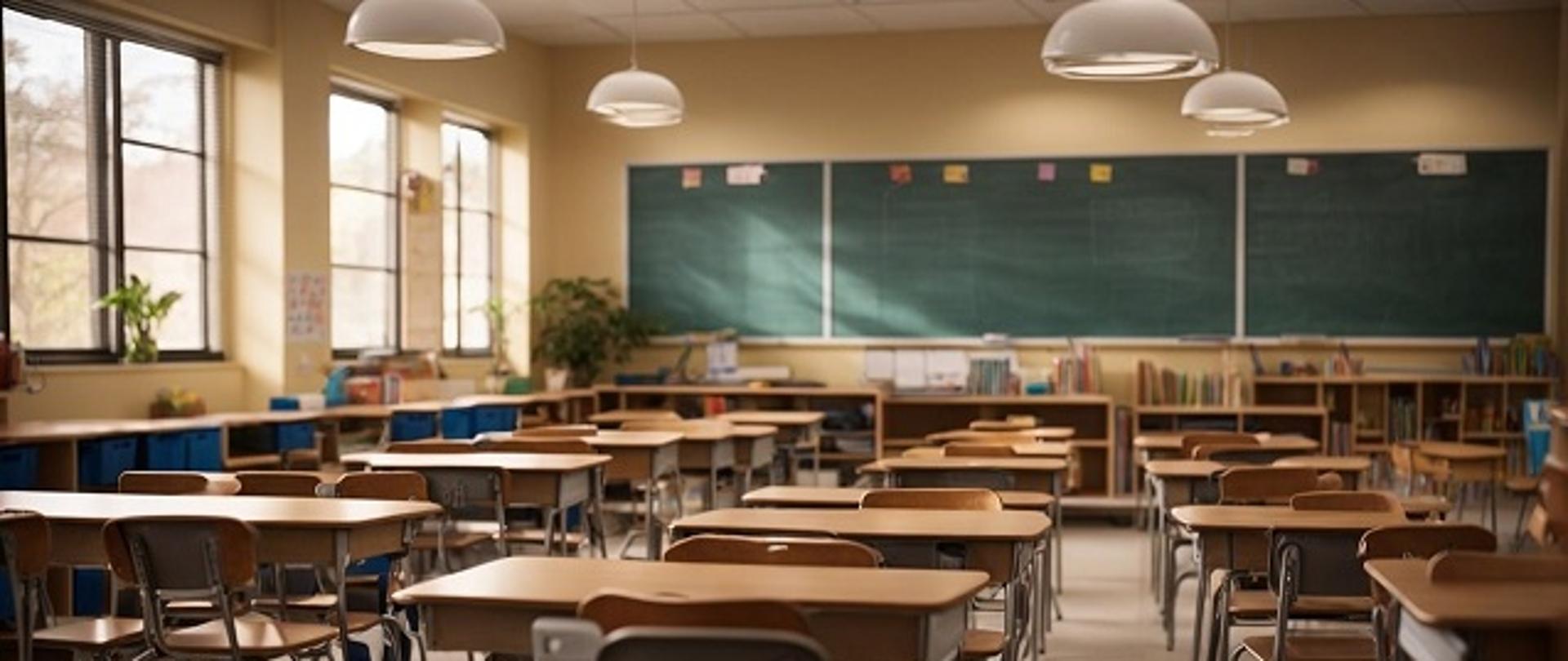 Sala lekcyjna w szkole bez uczniów, widać biurka i krzesła, dużą tablicę oraz zamknięte okna