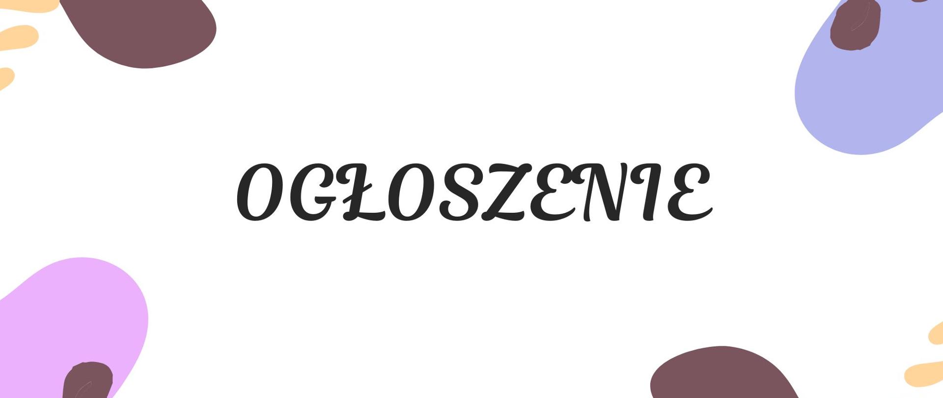 Beżowe tło, brązowe litery, kolorowe graficzne plamy.