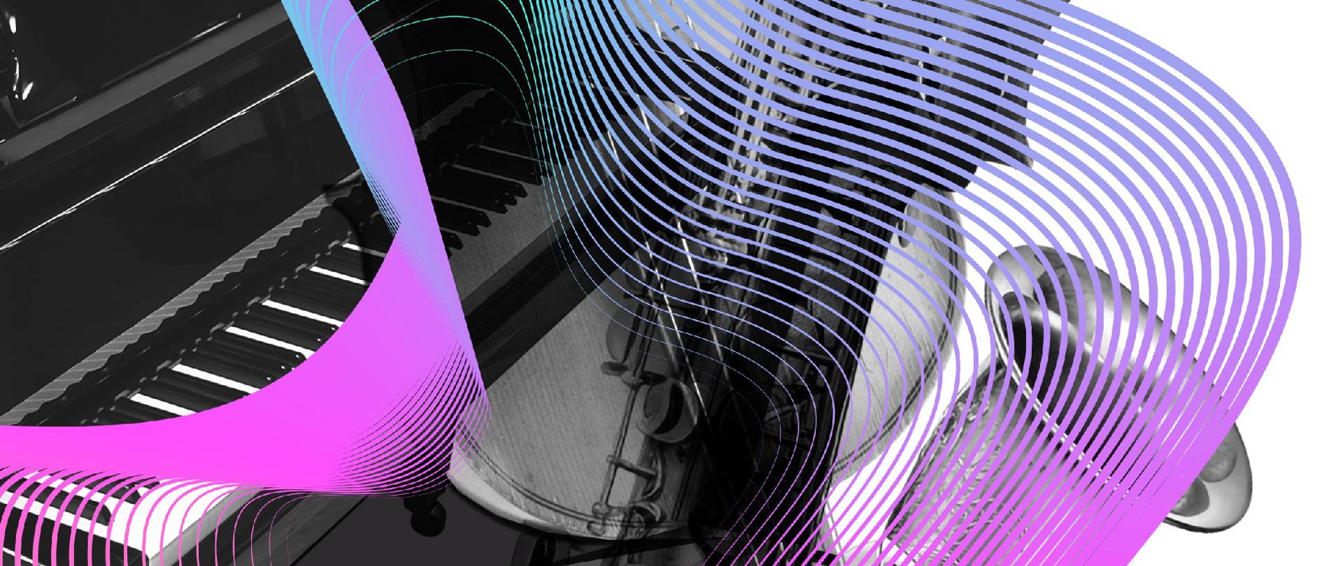 Białe tło, kolorowa grafika instrumentów, tekst dotyczący koncertu dyplomantów ZSM w Filharmonii w Częstochowie, 28 marca 2025 r. godz. 18.00