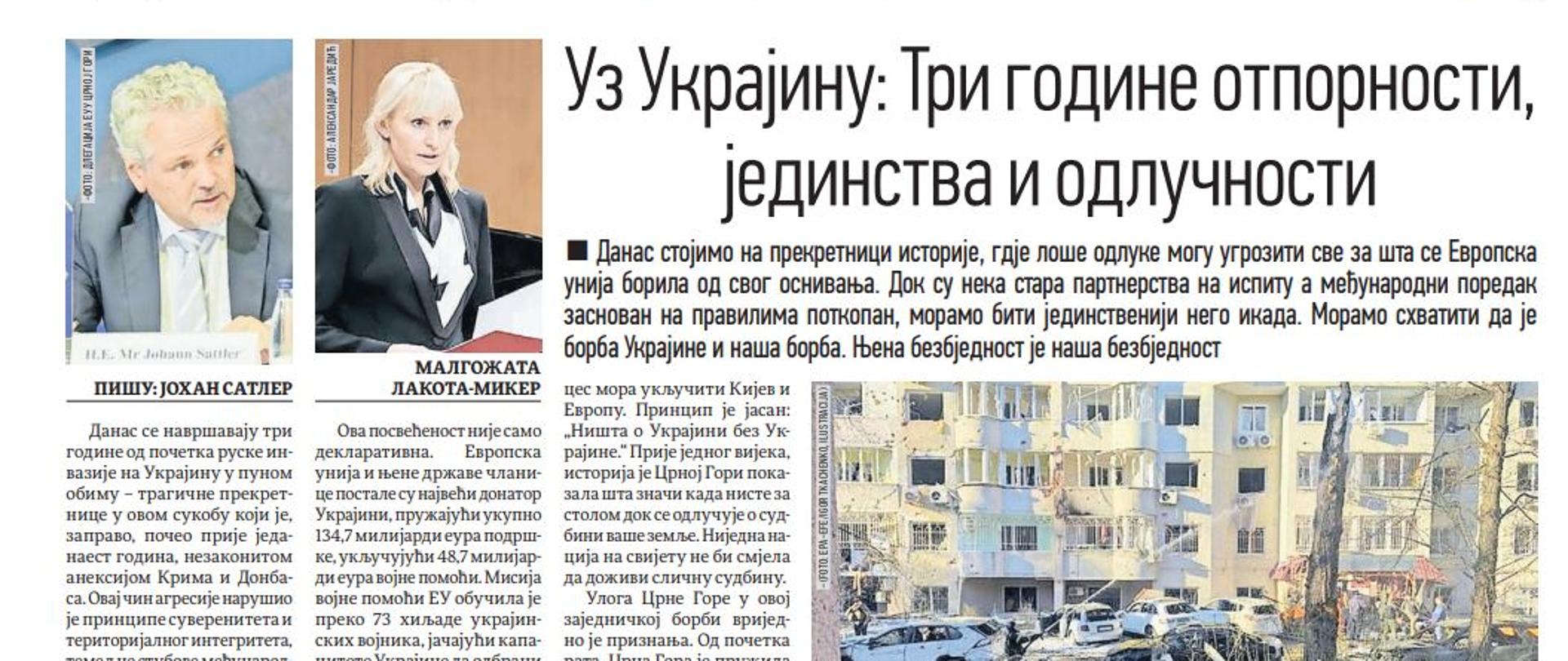 Autorski tekst otpravnice poslova Malgožate Lakote-Micker i ambasadoraEU u Crnoj Gori Johana Satlera - "Uz Ukrajinu: Tri godine otpornosti, jedinstva i odlučnosti"