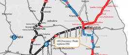 Mapka z układem dróg krajowych wokół Białegostoku z zaznaczonym odcinkiem planowanej S19 Choroszcz - Ploski