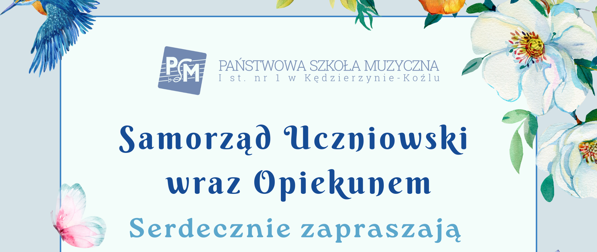 Plakat utrzymany jest w delikatnej niebiesko-białej kolorystyce, z centralnym białym prostokątem obramowanym cienką niebieską linią i udekorowanym malarskimi kwiatami, gałązkami i motylami oraz drobnymi ilustracjami kopert i bukietów w akwarelowym stylu. U góry widnieje logo Państwowej Szkoły Muzycznej I st. nr 1 w Kędzierzynie-Koźlu, pod którym umieszczono tytuł „Samorząd Uczniowski wraz Opiekunem” oraz tekst zapraszający całą społeczność szkolną do przekazywania listów, wiadomości i kartek poprzez „Skrzynkę życzliwości”. Nazwa „Skrzynka życzliwości” wyróżniona jest czerwonym kolorem, a poniżej podano daty aktywności skrzynki – od 2 czerwca do 23 czerwca 2025 roku.