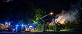 Z prawej strony zdjęcia widać spalony budynek, z którego unosi się para wodna. Z lewej strony zdjęcia znajdują się wozy strażackie. Nad budynkiem rozłożona jest drabina mechaniczna, z której oświetlane jest miejsce zdarzenia.
