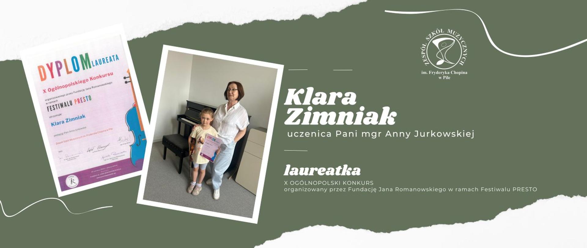 Na zielonym tle dwa zdjęcia, na pierwszym kolorowy dyplom z napisami na drugim stoi kobiet z małą dziewczynką która trzyma przed sobą kolorowy dyplom kobieta za nią stoi w białych spodniach i niebieskiej bluzce z ręką w kieszeni, włosy ma rozpuszczone do ramion