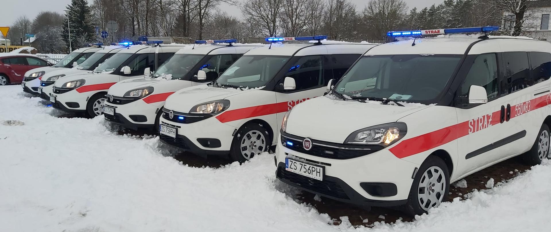 6 samochodów Fiat Doblo Maxi na sygnałach świetlnych oraz światłach mijania. Ustawione w rzędzie na parkingu. W tle widoczne zaśnieżone drzewa, przy samochodach leży świeży śnieg.