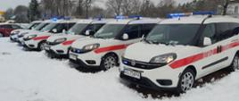 6 samochodów Fiat Doblo Maxi na sygnałach świetlnych oraz światłach mijania. Ustawione w rzędzie na parkingu. W tle widoczne zaśnieżone drzewa, przy samochodach leży świeży śnieg.