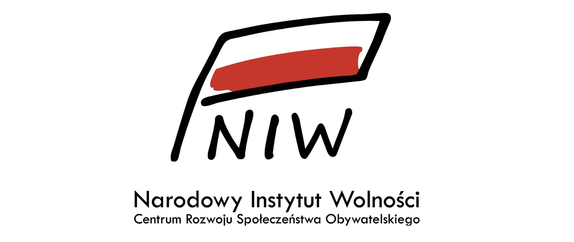 Grafika przedstawiając biało-czerwoną flagę pod którą znajduje się skrót NIW i napis Narodowy Instytut Wolności Centrum Rozwoju Społeczeństwa Obywatelskiego.