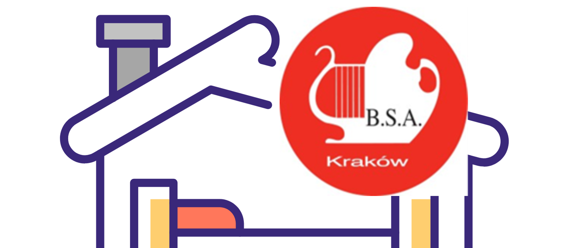 Plakat informujący o unowocześnianiu bursy. Na białym tle ikona przedstawiająca budynek mieszkalny. Po prawej stronie logo bursy: na czerwonym tle ikona harfy i palety malarskiej w kolorze białym oraz napis BSA Kraków
