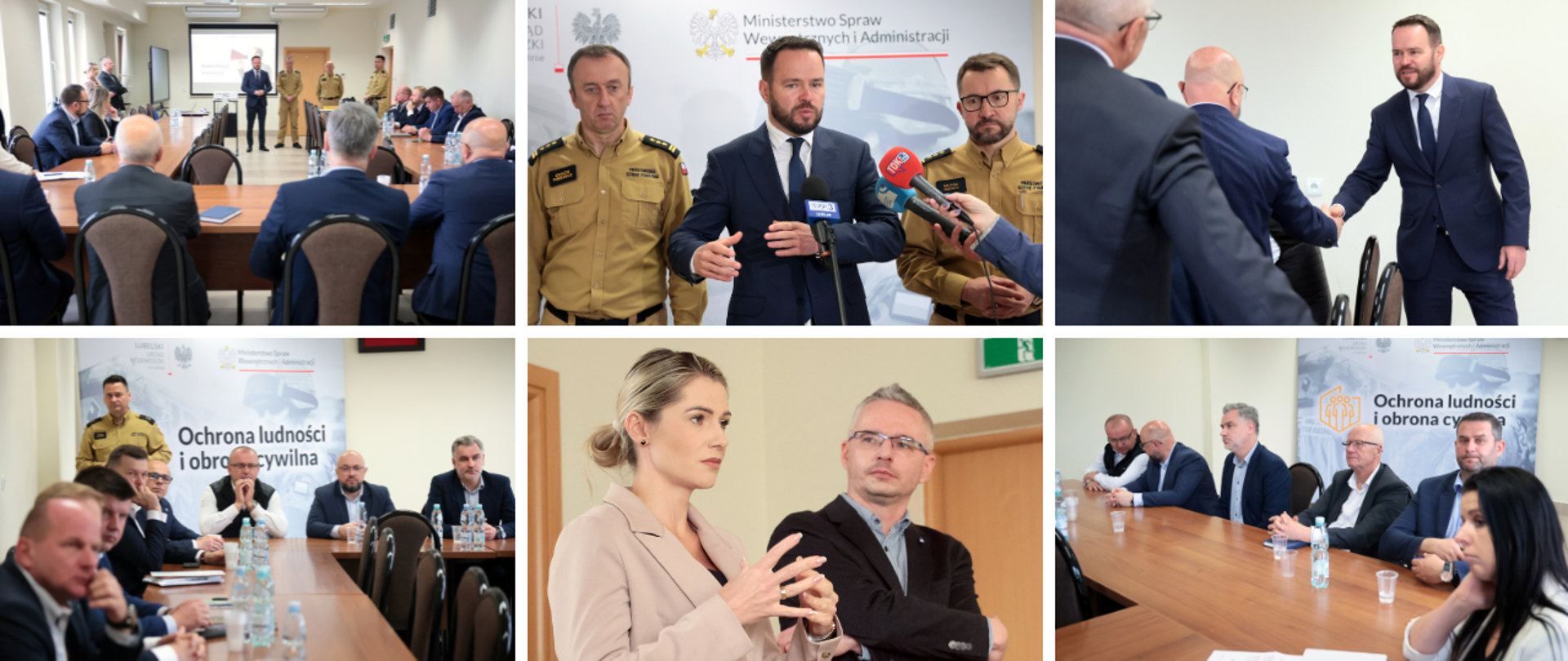Kolaż zdjęć przedstawiających konferencję prasową i rozpoczęcie szkolenia z zakresu ochrony ludności z udziałem wojewody lubelskiego 
