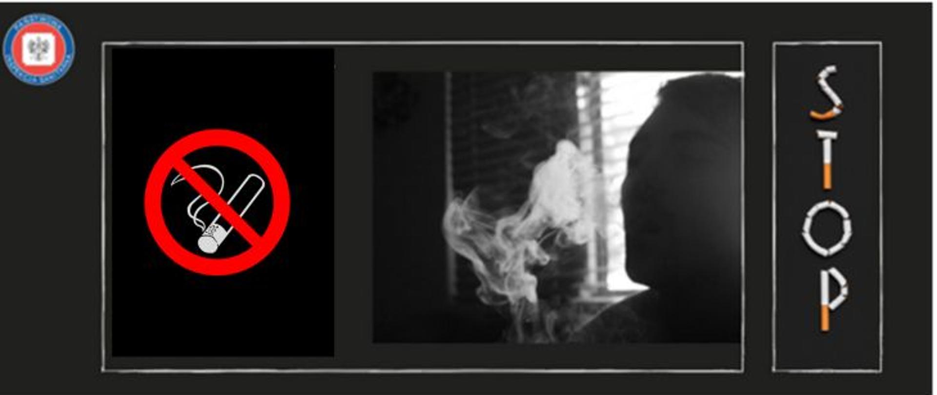 Grafika w czarnej tonacji, z prawej strony w jasnej ramce napis z kawałków papierosów STOP, na środku w jasnej ramce cień mężczyzny na tle okna w oparach dymu papierosowego i znak zakaz palenia w czerwonej ramce. W lewym górnym rogu logo Państwowej Inspekcji Sanitarnej.