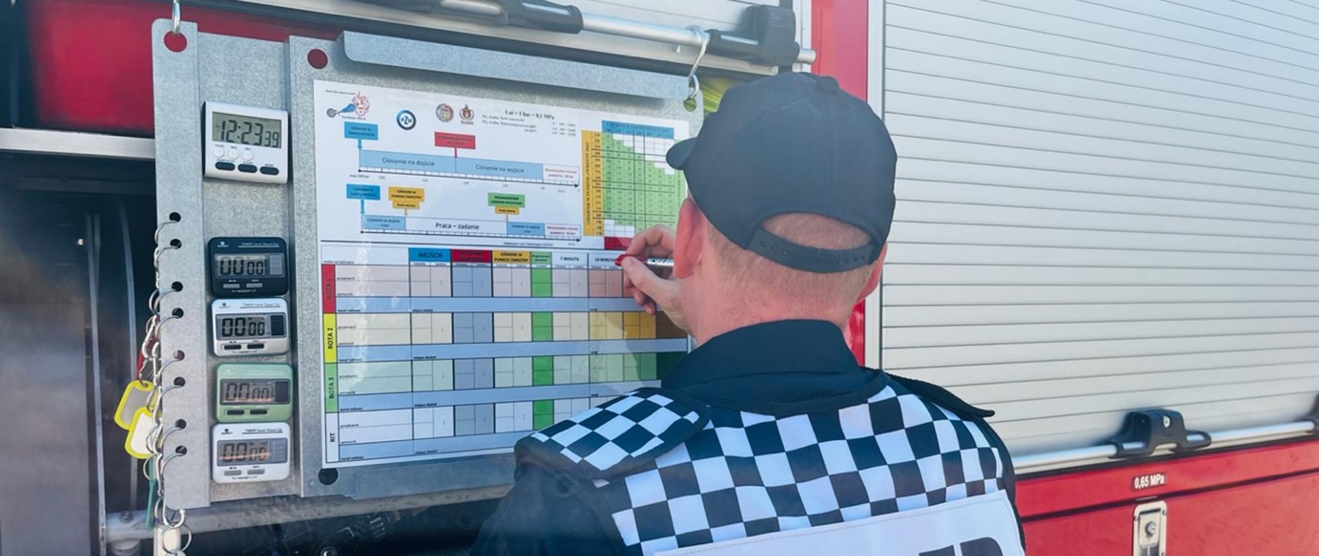 Zdjęcie przedstawia tablicę szkoleniową, strażak tyłem, w tle samochód pożarniczy