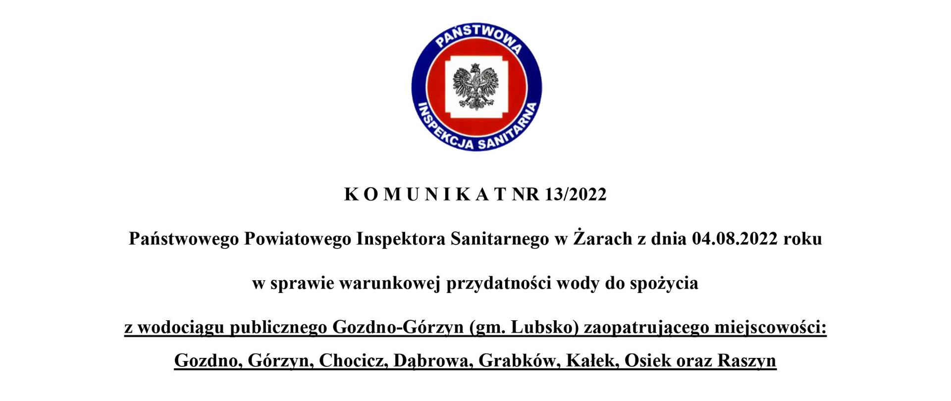 Komunikat nr 13 w sprawie warunkowej przydatności wody do spożycia