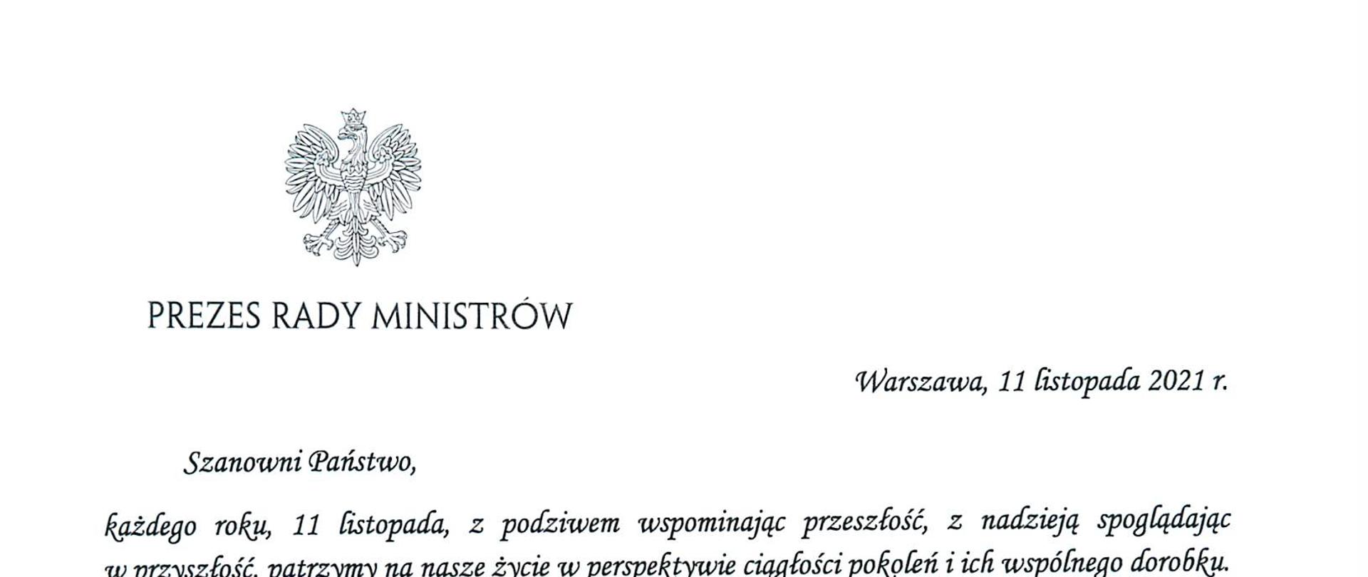 List z życzeniami Prezesa Rady Ministrów
