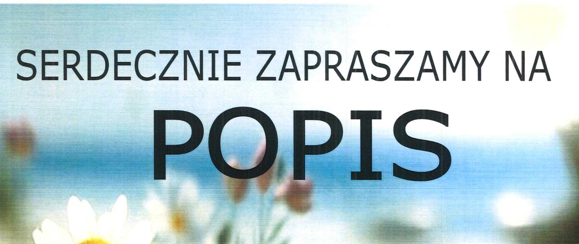 Plakat z wydarzeniem - popisem uczniów klasy fortepianu p. Alicji Stasiowskiej - Piwowar i uczniów klasy skrzypiec p. Reginy Szlachty, który odbędzie się 20 czerwca 2023r. o godz. 16:30 w auli ZPSM w Dębicy, na plakacie umieszczono czarne napisy oraz rysunek na którym widnieje klawiatura fortepianu, niebieskie skrzypce oraz białe rumianki 