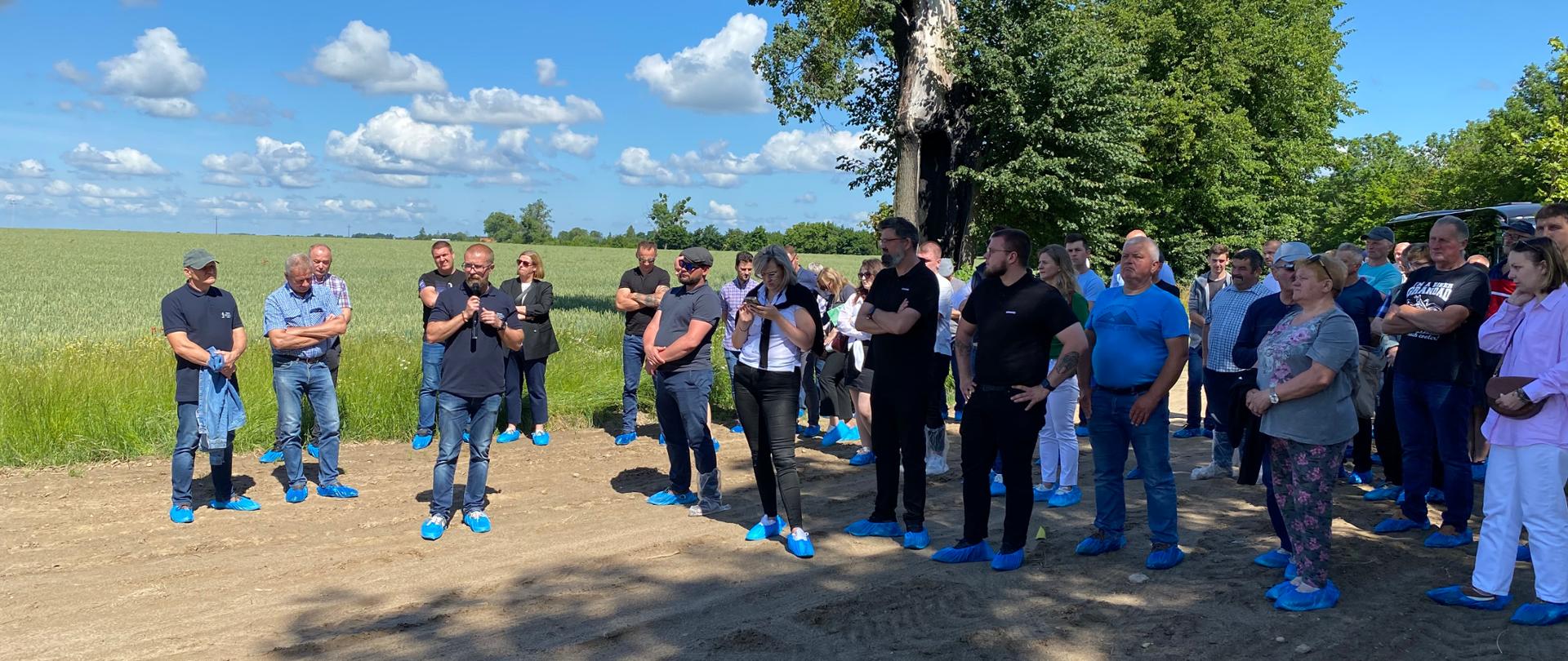 Uczestnicy szkolenia stoją w grupie pomiędzy plantacjami sadzeniaków ziemniaka zgłębiając tajniki uprawy i nasiennictwa ziemniaka. Inspektor stoi przodem do zgromadzonych prowadzi wykład