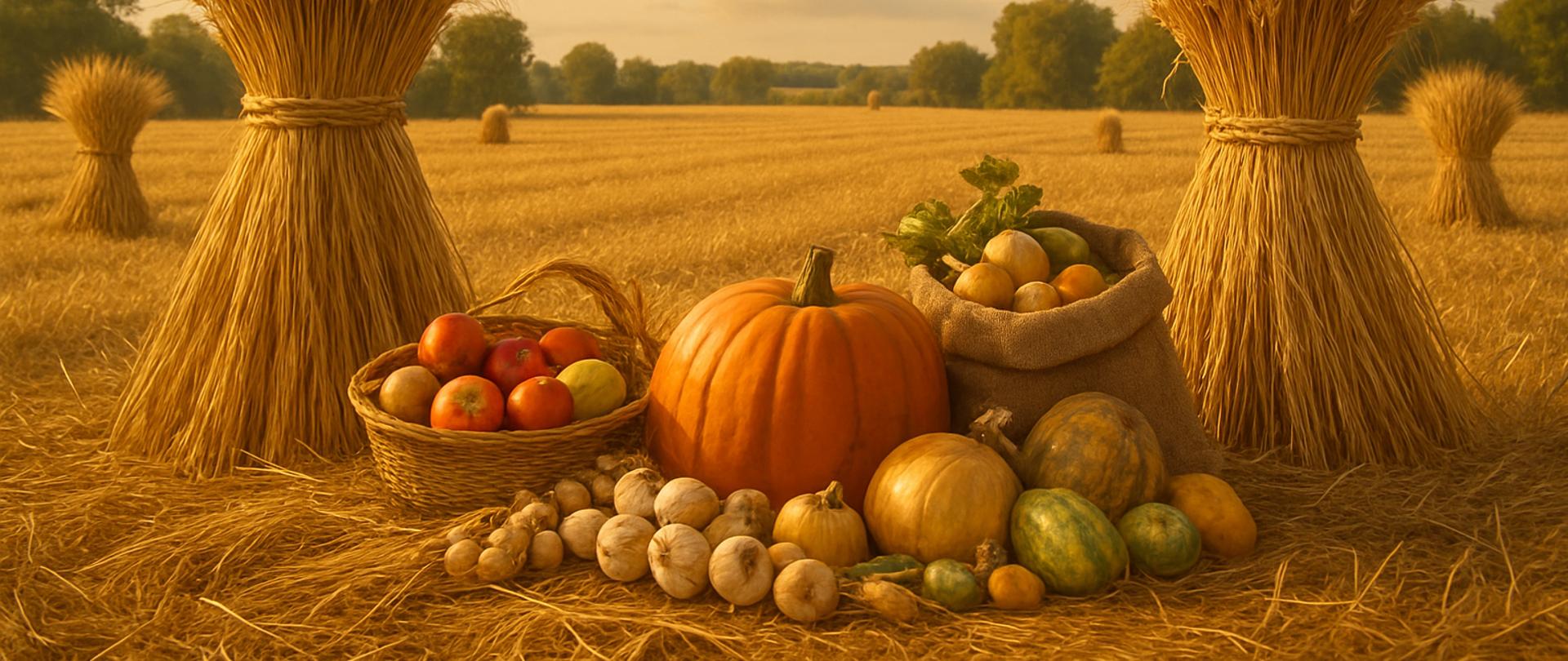 Na zdjęciu widać pejzaż dożynkowy: na polu między snopami zboża ustawiono kosz z jabłkami, dużą dynię, worek z ziemniakami oraz różne warzywa i owoce symbolizujące obfite plony.