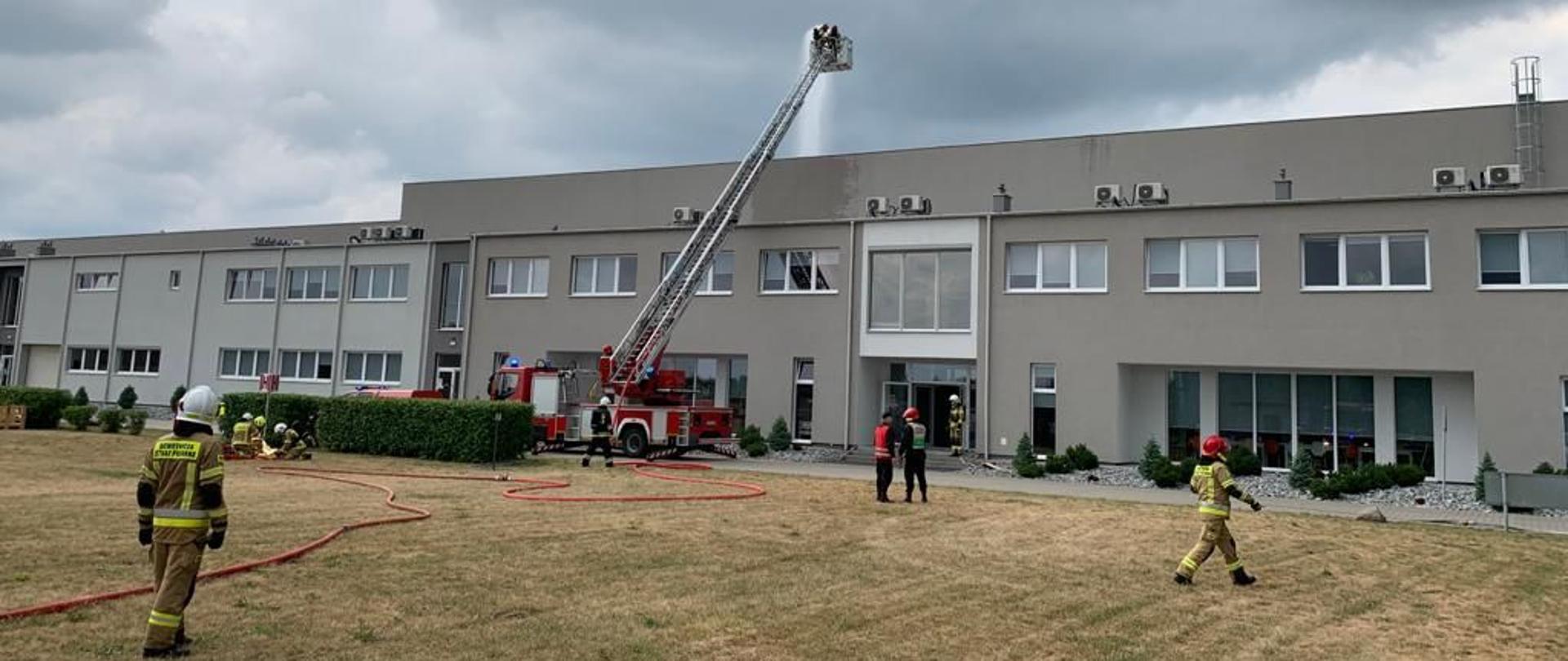 Dzień, zachmurzone niebo. Strażacy podczas działań gaśniczych na terenie firmy BEROTU.