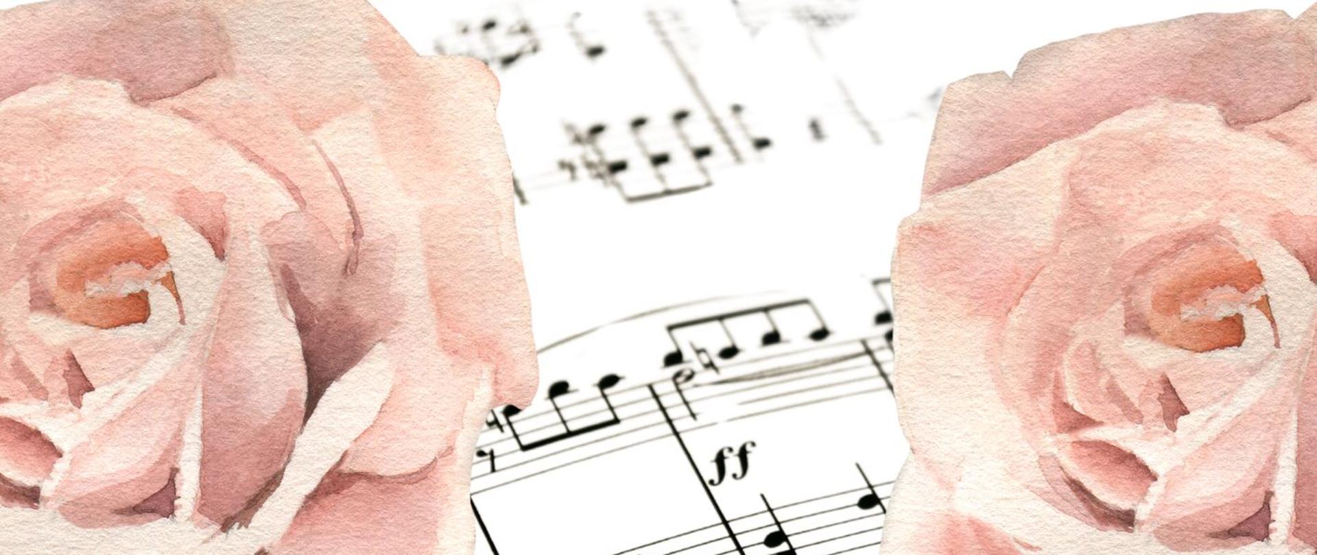 Jasne tło z grafiką nut i kwiatów, logo szkoły, tekst dotyczący koncertu uczniów ZSM w SM I st. w Myszkowie, 10 kwietnia 2025 r. o godz. 16.00