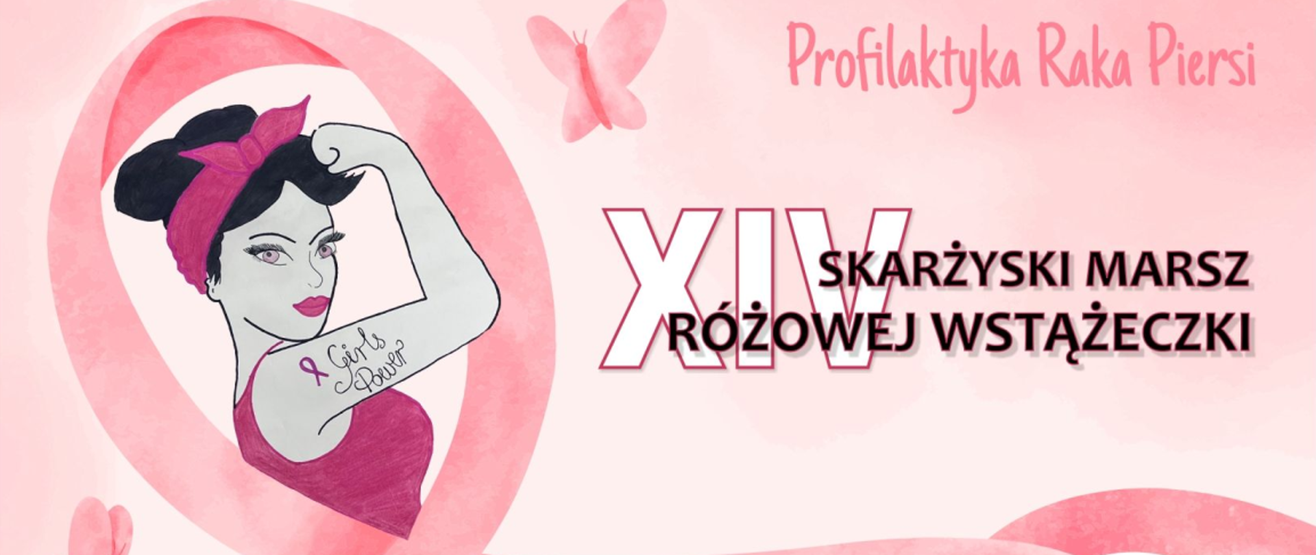 XIV marsz różowej wstążeczki plakat przedstawia zwycięską pracę z poprzedniego marszu w tonacji różowej z narysowaną postacią kobiety w środku wstążki