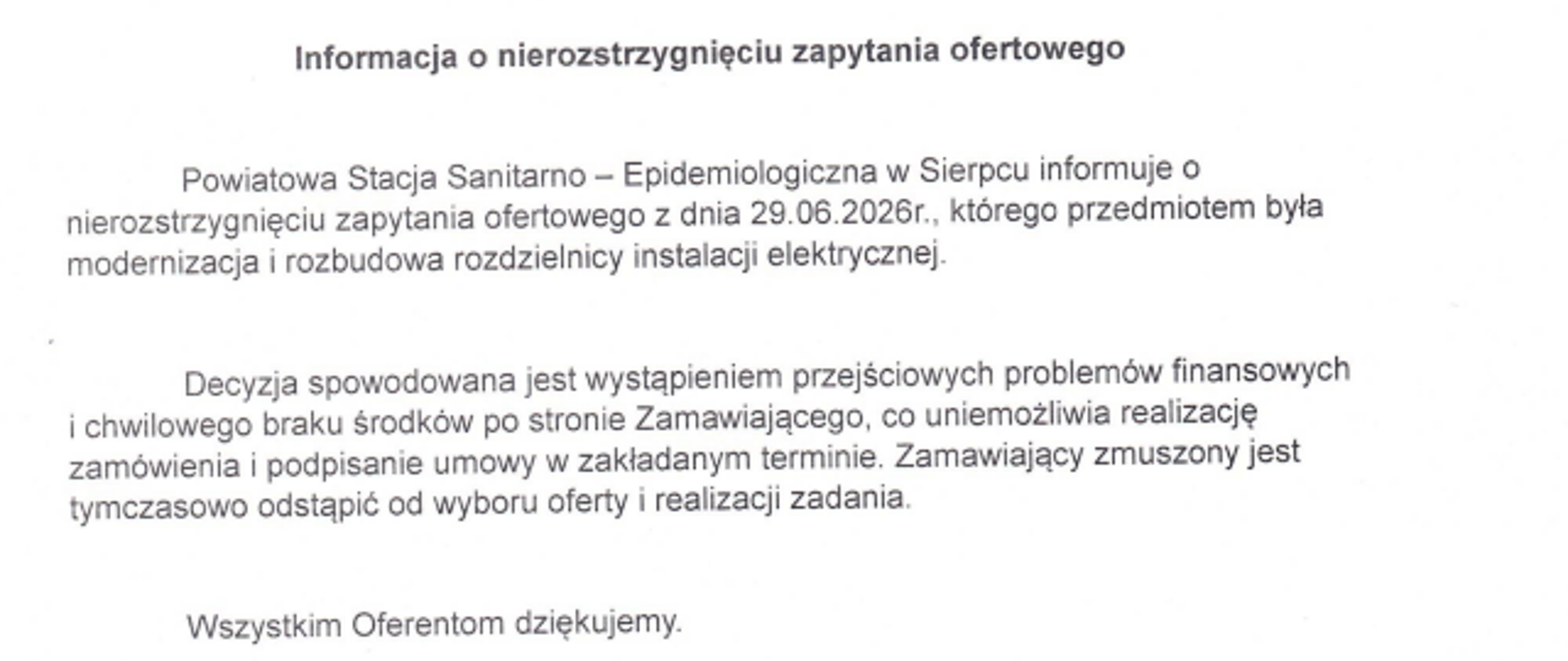 Informacja o nierozstrzygnięciu oferty 