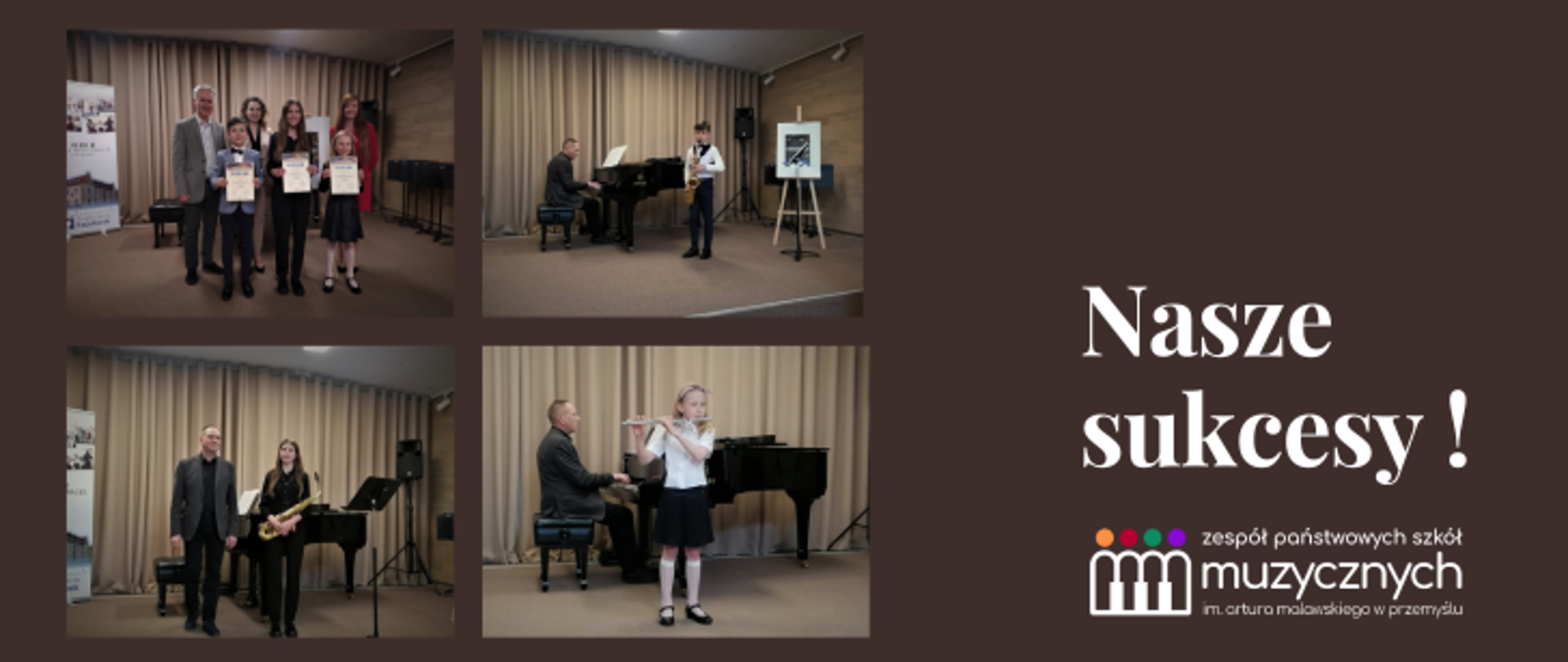 Grafika przedstawia zdjęcia z udziału uczniów na 6 edycji Podkarpackiego Konkursu Instrumentów Dętych Drewnianych w Kamieniu w dniu 16 maja 2023r. oraz napis Nasze Sukcesy a pod nim logo szkoły
