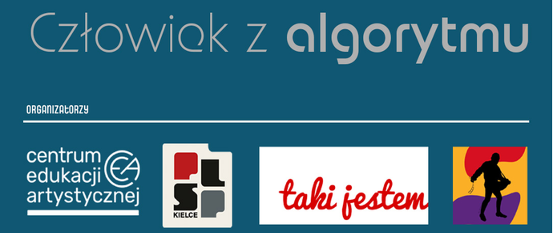Plakat konkursu filmowego. Na turkusowym tle widnieje informacja o II edycji Ogólnopolskiego Konkursu Filmowego „Kadry Wyobraźni – Człowiek z algorytmu”. Grafika zawiera elementy związane z filmem: taśmę filmową i logo konkursu. Na dole znajdują się logotypy instytucji organizujących wydarzenie.