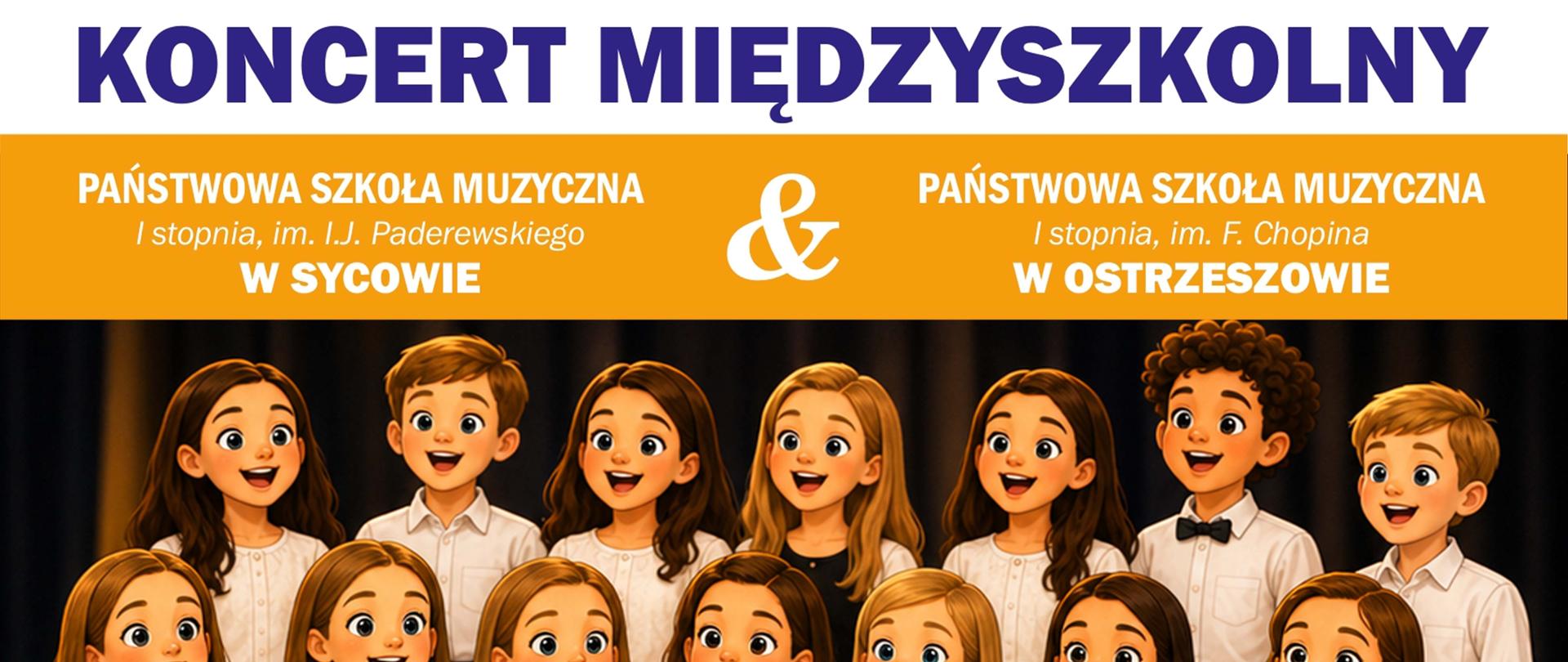 ciemne tło przedstawiające dzieci grające na instrumentach i śpiewające. Napisy z informacjami o koncercie u góry i dołu plakatu.
