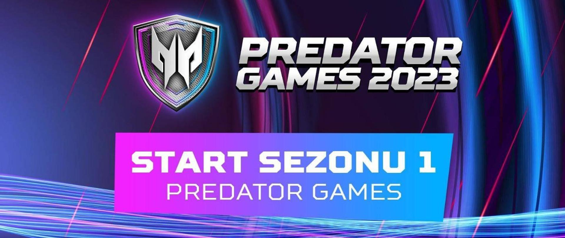 Grafika - na niebiesko-fioletowym tle kolorowe linie i napis Predator games 2023. Start sezonu 1 - Predator games.