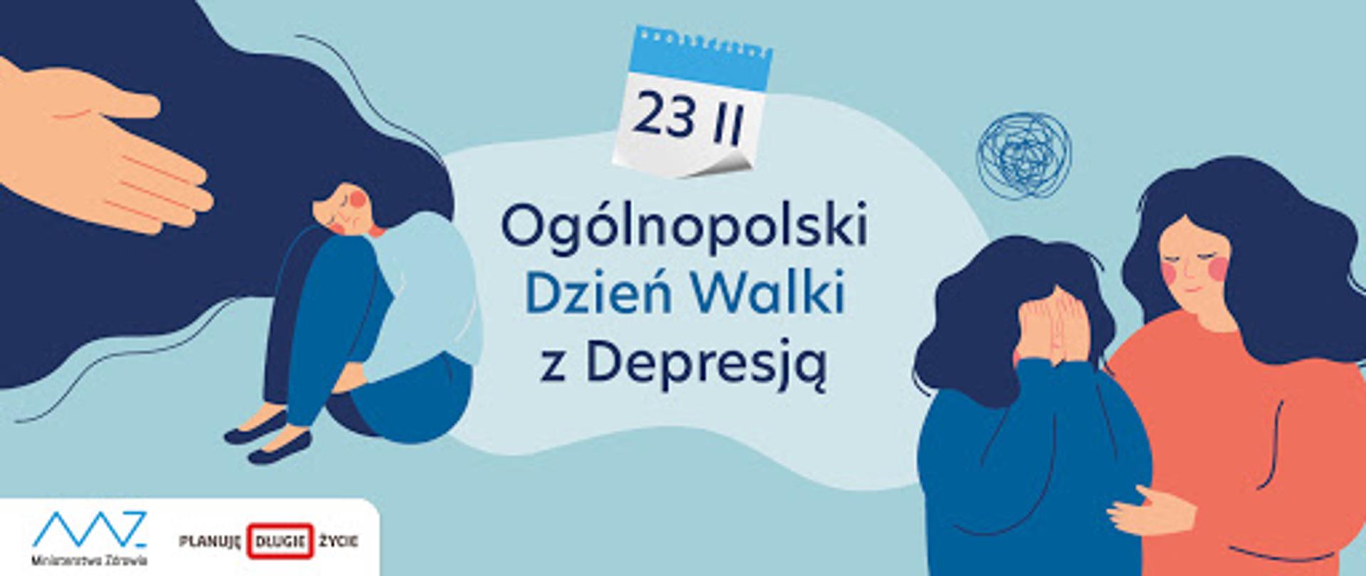 Ogólnopolski Dzień Walki z Depresją grafika, siedząca postać - wyciągnięta do niej ręka, postać pocieszająca inną