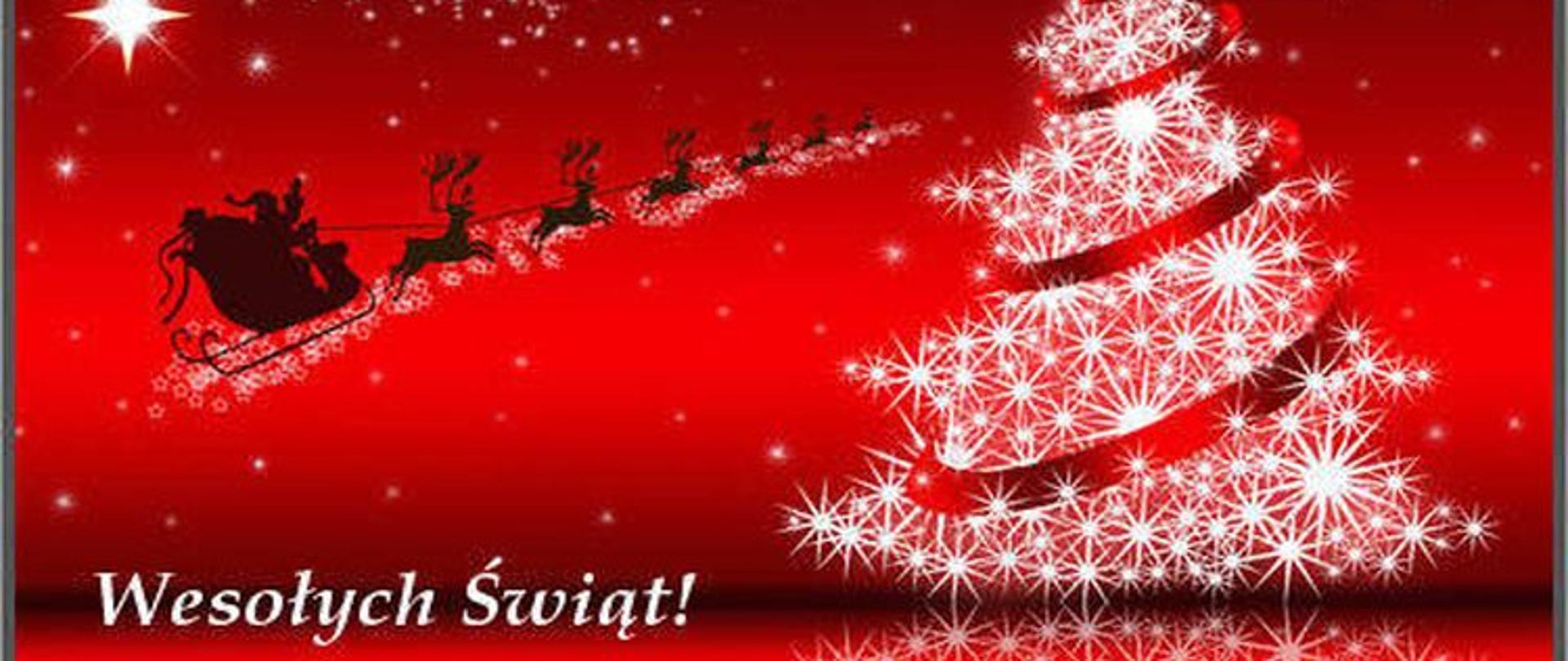 Na czerwonym tle biała gwiazdzista choinka oraz w tle święty mikołaj na saniach z ciągnącymi go reniferami