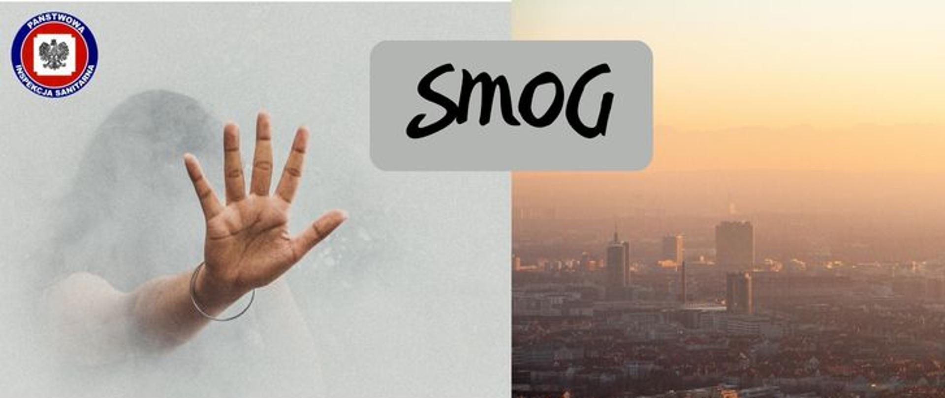 Grafika podzielona na dwie części, z prawej strony panorama miasta o zachodzie słońca spowita smogiem, z lewej kobieta z metalową bransoletką na ręce w oparach dymu pokazująca wnętrze dłoni. w lewym górnym rogu logo Państwowej Inspekcji Sanitarnej. Pomiędzy tymi obrazkami na szarym pasku czarny napis smog. 