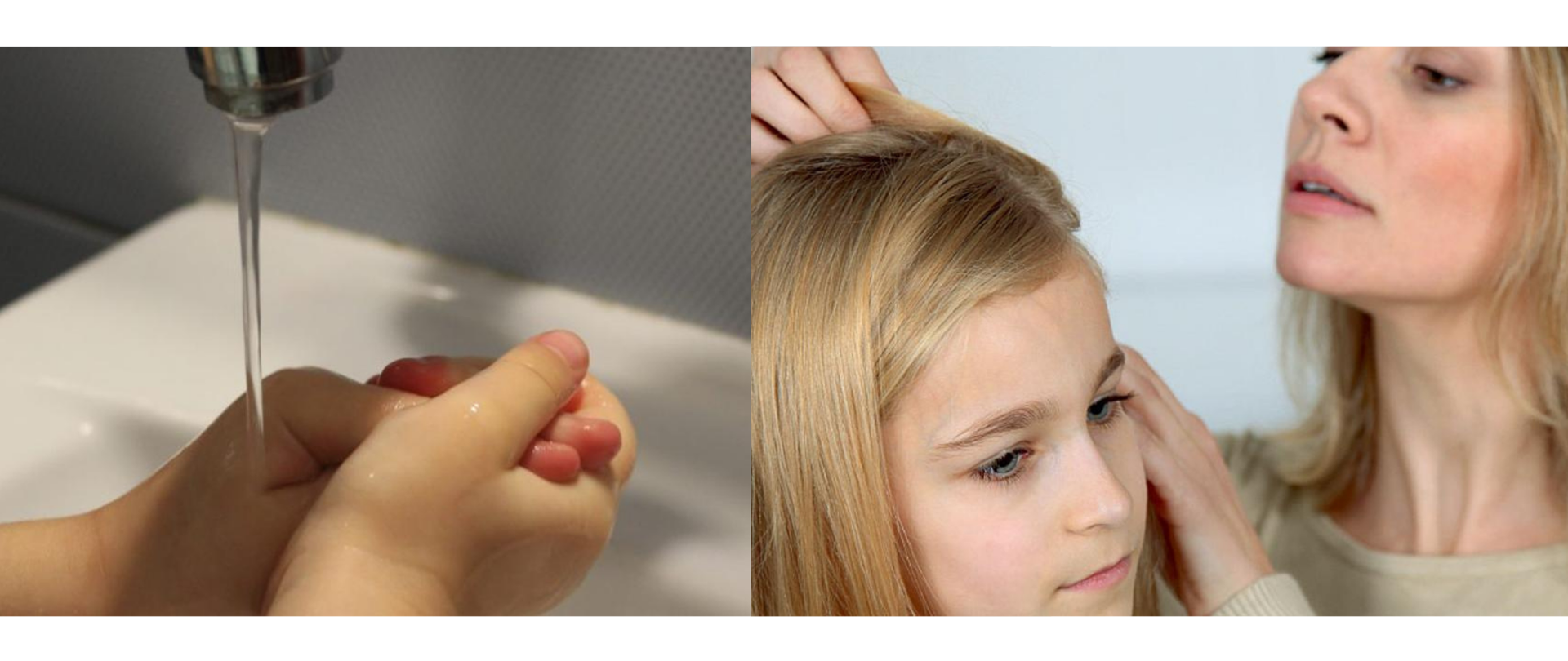 Zdrowie w szkole - zestawienie dwóch zdjęć, na pierwszym widoczna jest czynność mycia rąk przez dziecko, na drugim kobieta przeglądająca dziewczynce włosy 