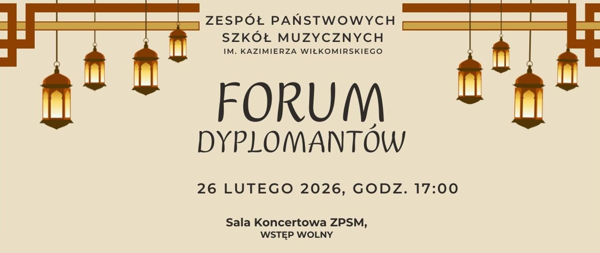 banner w stylu chińskiego afiszu z napisem Zespół Państwowych Szkół Muzycznych w Elblągu im. K. Wiłkomirskiego, Forum Dyplomantów, 27 lutego 2026 godzina 17:00; sala koncertowa ZPSM, ul. Traugutta 91, wstęp wolny