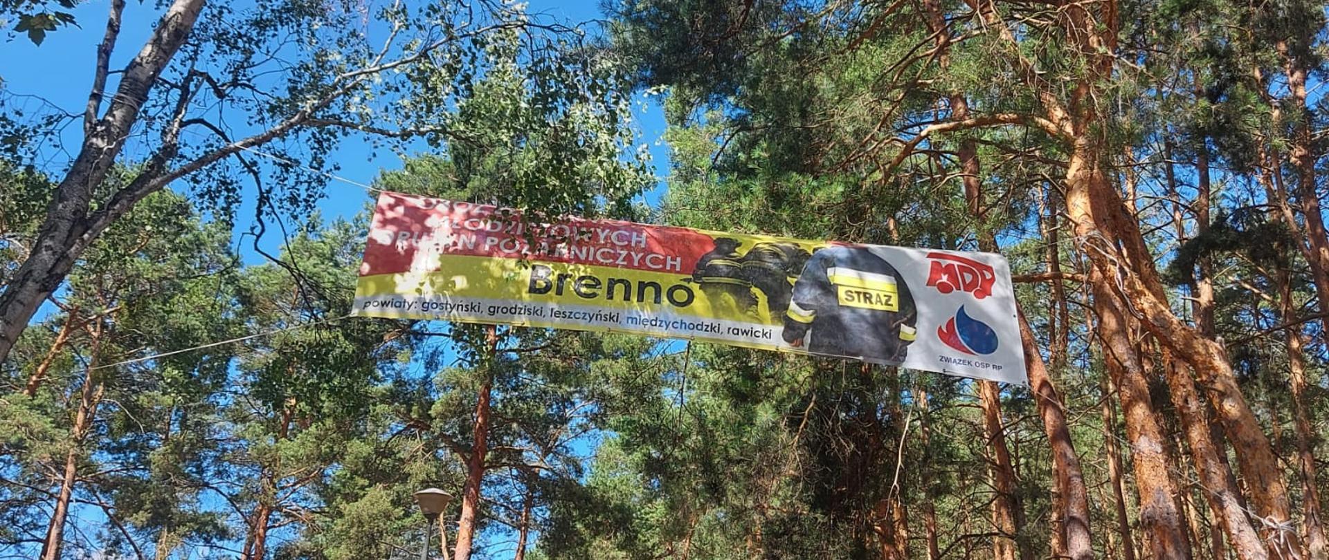 Plakat rozwieszony między drzewami z napisem MDP i wizerunkami strażaków.