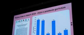 Zajęcie przedstawia slajd o pożarach trawa w latach 2019-2024 w powiecie gorlickim prezentowany w auli centrum kształcenia zawodowego w Gorlicach na naradzie rocznej podsumowującej działalność Komendy Powiatowej Państwowej Straży Pożarnej w Gorlicach za 2024 rok.