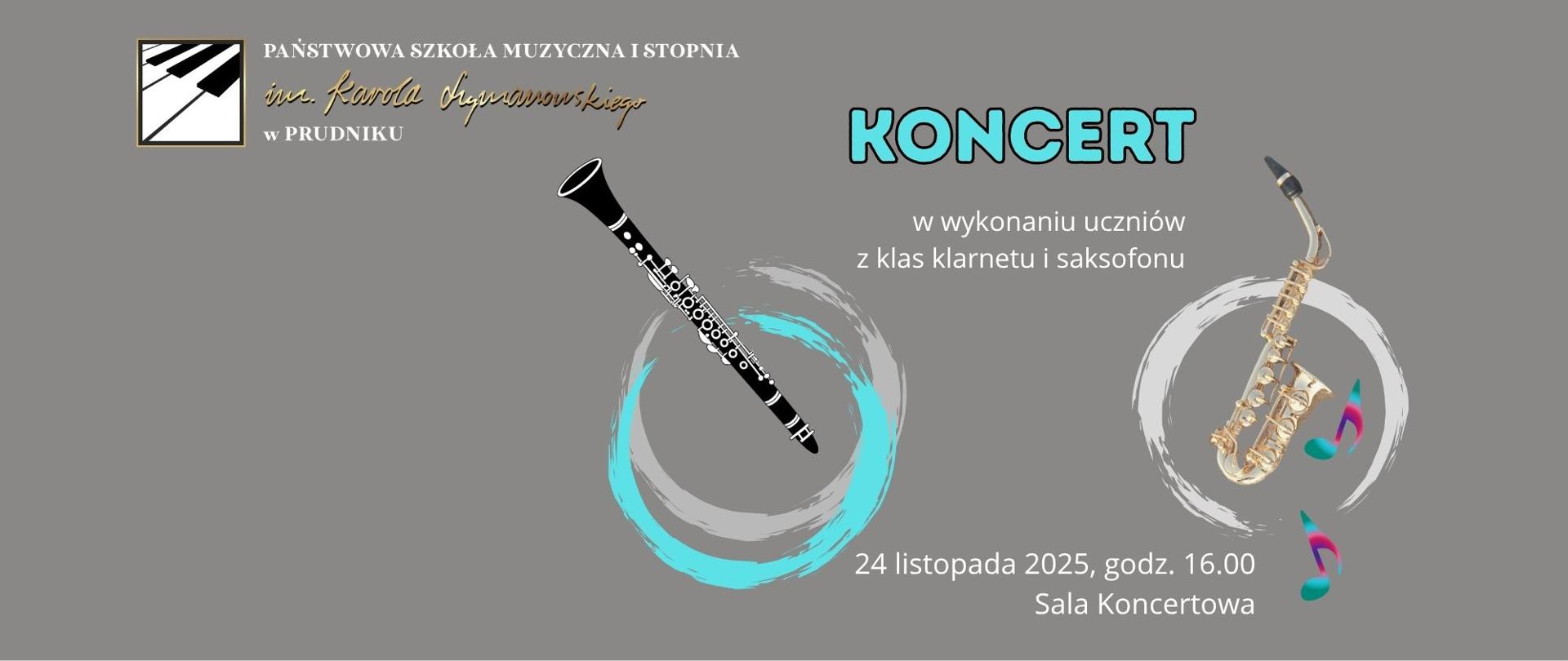 Baner z informacja o koncercie. Na szarym tle napisy oraz grafika przedstawiająca klarnet i saksofon.