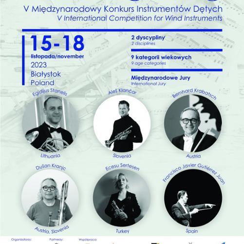 Na jasnym tle z motywami muzycznymi napis V Międzynarodowy Konkurs Instrumentów Dętych, V International Competition for Wind Instruments.Poniżej data i miejsce konkursu, niżej miniatury zdjęć jurorów.