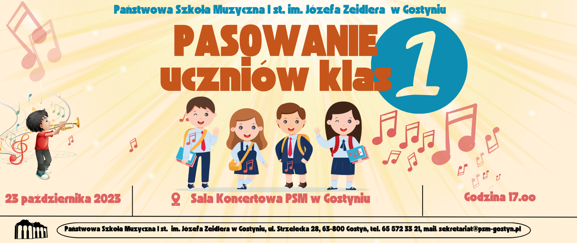 Informacja dotycząca pasowania na ucznia szkoły. Uśmiechnięte dzieci na te promieni słonecznych oraz czerwonych nutek. 